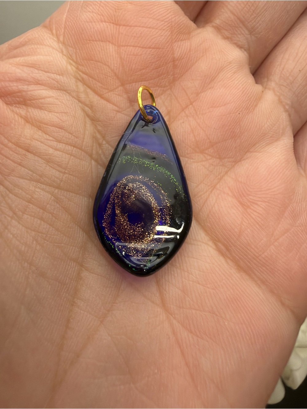 Handmade Blue Glass Teardrop Pendant with Gold Accent